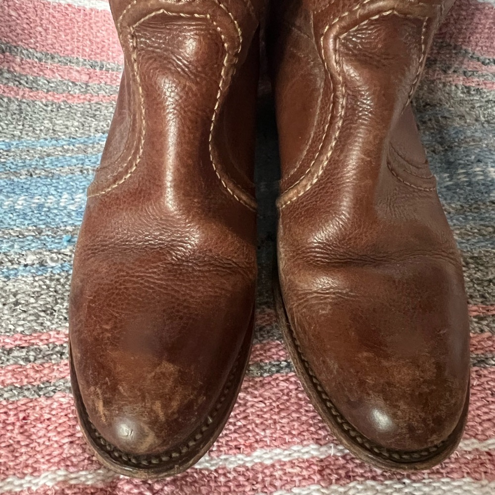 Frye Cognac Brown Leather Heeled Boots 14" Shaft - Picture 8 of 13